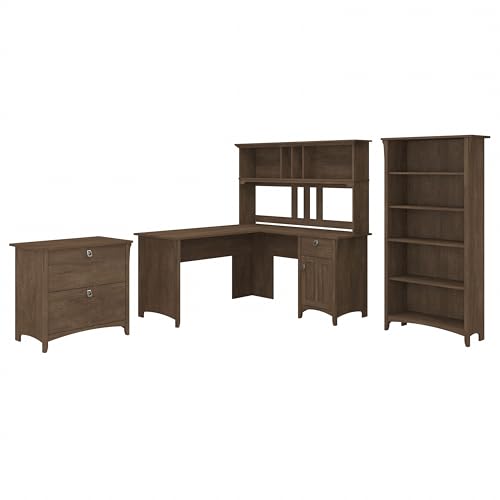 Bush Furniture Salinas 60W L Shaped Desk with Hutch, Lateral File Cabinet and 5 Shelf Bookcase in Ash Brown