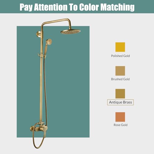Heyalan Antique Brass Exposed Pipe Shower System 8 Inch Rainfall Shower Head Brass Fixture Combo Set Single Handle Handheld Sprayer Bathroom Shower Faucet Dual Functions