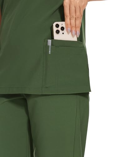 COZYFIT Scrubs for Women Set - Stretch V-Neck Scrub Top & Jogger Pant with 8 Pockets, Yoga Waistband, Slim Fit COZY SCRUBS - Army Green, 5XL, Tall