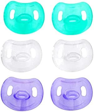 Bee Bee 6 Pacifiers 0-6 Months Soft Silicone Orthodontic Shaped Newborn Smoothie to Promote Natural Sucking for Baby | BPA-Free and Safe for 0 to 6 Months Infants - Pack of 6, (Clear, Lilac, Green)