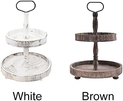 WANAONE 2-Tier Wooden Two Tiered Tray, Farmhouse Round Wood Display Stand Kitchen Décor Table Stand With Metal Handles Farmhouse Dessert Stand for Birthday/Tea/Wedding/Baby Shower