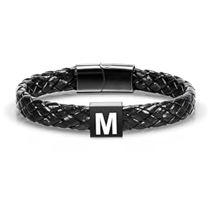 Leather Initial Bracelet for Men Boys, Stainless Steel A-Z Letter Clasp Mens Braided Black Leather Bracelets Jewelry Gifts