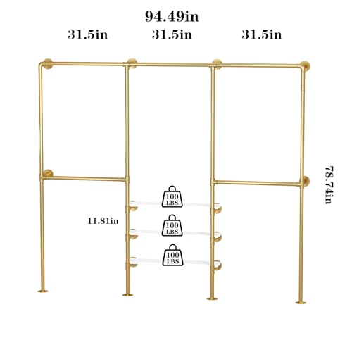 KAILNKISS Industrial Pipe Clothing Rack, Gold Clothing Rack with Shelves, Wall Mounted Clothes Rack Heavy Duty Closet Organizers Wardrobe Multi-Purpose Storage Clothes Hanging Shelf- 94.5''L Gold by KAILNKISS - Used condition - Image 6