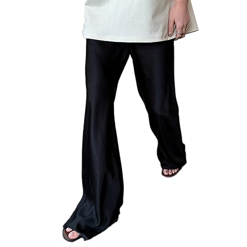 Women Satin Wide Leg Dress Pants Silk Casual Dressy Long Flowy Pants Elastic High Waisted Trousers