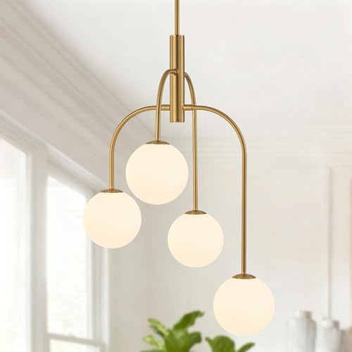 LamQee 4 Lights Mid Century Modern Chandelier, Milk Glass Globe C...