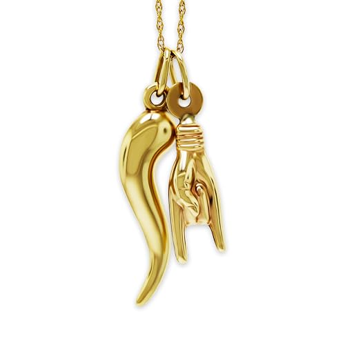 Gold Italian Horn with Hand Sign Pendant - 10 Karat Gold - 3D Good Luck Hand Sign - Italian Mano Cornuto Hand Symbol - Cornicello Charm Pendant - Multiple Sizes to Choose From