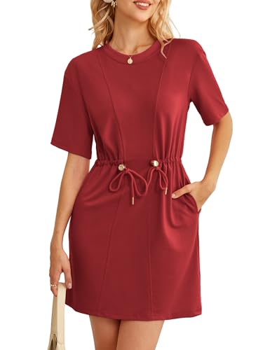 Image of Kikibell Womens Summer Dresses Crewneck Sweatshirt Mini Dress with Pockets Drawstring Waist Short Sleeve Casual Outfits