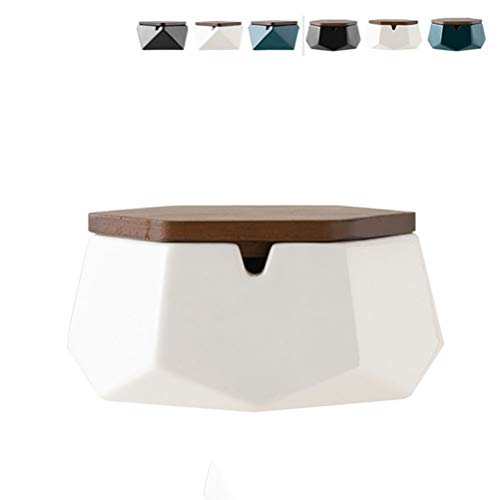 LGYKMU Cenicero para El Exterior con Tapa,Cerámica Cenicero Tormenta De Viento Olor A Cenicero Sellado para La Decoración del Hogar Oficina Práctico Agradable Decoración Desktop,Weiß,Sechseck Cover