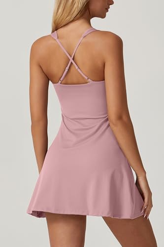 Image of QINSEN Womens Square Neck Tennis Dress Sleeveless Built in Shorts Golf Athletic Dress with Pockets