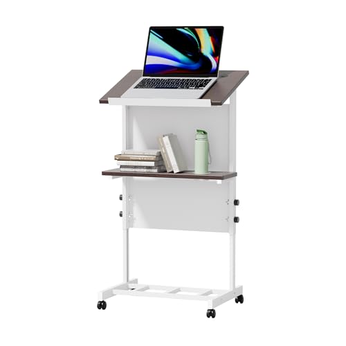 Portable Podium Stand with 7 Adjustable Heights, Lectern with Shelf and Cup Holder, Mobile Stand for Seminars, Schools, and Conferences (White)