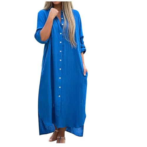 Blusenkleider Damen Langes Sommerkleid Leinen Maxi Strandkleid Solide Langarm Freizeitkleid Button Down Tunikakleider Baggy Basic Büro Arbeitskleid...