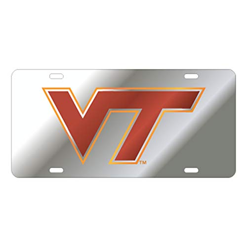 Etiqueta Virginia Tech con acabado láser brillante en plata y naranja para fans