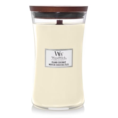 WoodWick GroĂźe Sanduhr-Duftkerze | Island Coconut | mit knisterndem Docht | Brenndauer: bis zu 130 Stunden
