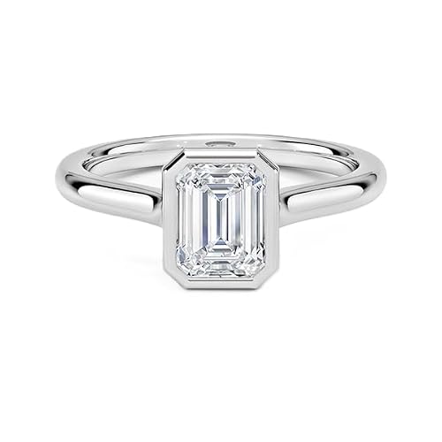 Image of GRA Certified Emerald Cut Moissanite Engagement Ring 1.20CT 7x5mm, Bezel Set Solitaire Ring, Classic Minimal Design | 925 Sterling Silver With Rhodium Plated (N)