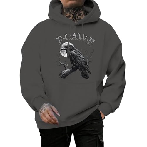 Mens Hoodies Pullover | Raven Printed Long Sleeve Casual Hoodies,Loose Fall Sweater Holiday Top Daily Wear