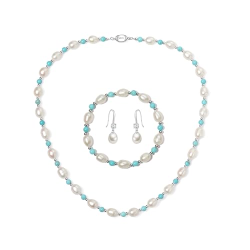 YAMI Juego de joyas de perlas de agua dulce, collar, pulsera y pendientes de perlas naturales de 7 a 8 mm, para mujer, joyería fina elegante y exquisita