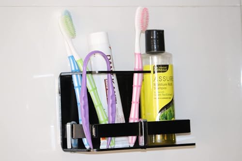 Image of Wall Mounted self Adhesive Acrylic Tooth Brush Holder /Toothpaste Holder Stand Tumbler,Toothpaste Stand for Bathroom Organizer Rack for Home (E Light Black, Acrylic)