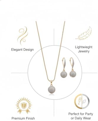 Gold Plated Crystal Pendant Necklace And Drop Earrings Set For Women – Round Pavé Stone Ball Pendant Jewelry Set, Elegant Lightweight Fashion Jewelry For Party, Wedding, Anniversary_5062 image 5