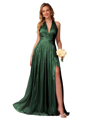 Image of Shimmer Chiffon Bridesmaid Dresses for Women Long | Deep V Neck,Pleated,Knotted,Empire Waist,with Slit,Breathable,Lightweight,Flowy,Formal Evening Dress