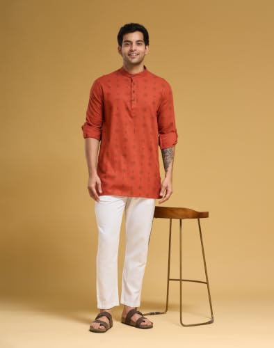 Image of Fabnu by Fabindia Men's Cotton Printed Relaxed Fit Straight Short Kurta