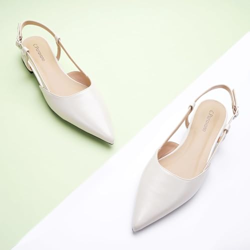 Image of C.Paravano Slingback Flats | Pointed Toe Flats | Slingback Sandals | Women's Slingback Dress Shoes | Adjustable Buckle Sandals(Size 8.5,Off-White)