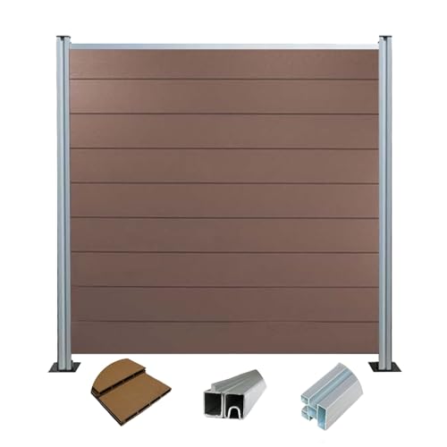 Woodstore24 WoodoZaun - WPC Sichtschutzzaun - Braun - 185 cm x 180 cm - Gartenzaun Komplettset - inkl. Pfosten Silber Eloxiert - 1x Zaun & 2x Pfosten