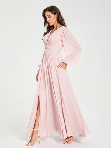 Women's V-Neck Bridesmaid Dresses with Long Sleeves Split Pleats Chiffon Formal Evening Party Dress for Wedding VT0013