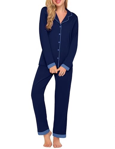 Ekouaer Womens PJ Set Long Sleeve Lounge Set with Pockets Button Down Loungewear Soft V Neck Sleepwear 2025 Navy Blue,Medium