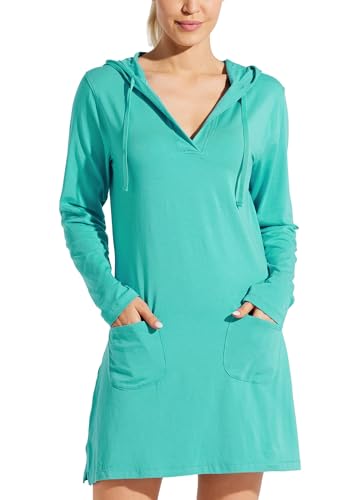 Willit Women's Long Sleeve Cotton Swim Cover Up UPF 50+ SPF Dress Hooded with Pockets Sun Protection Beach Coverup Aqua XXL