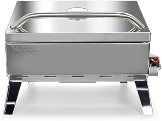 Camco Kuuma Stow N’Go 216 Elite Propane Grill | Features Built-In Thermometer & Push-Button Igniter | Includes Fold Away Legs & Removable Warming Rack | Use as Camping Stove and More (58155)