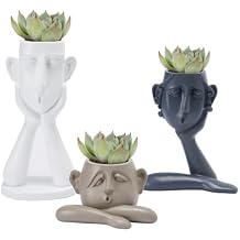 GUTE Human Face Shaped Succulent & Flower Planter Pots - Set of 3- Figurines for Garden - Indoor Outdoor Decorative Garden Figurines, Drainage Holes for Plants Artistic - White, Khaki, Grey