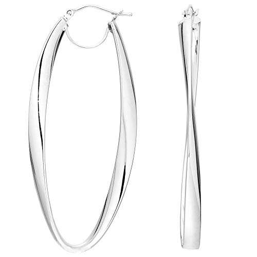 14K White Gold Shiny Long Oval Freeform Hoop Earring With Hinged Clasp #TOP11