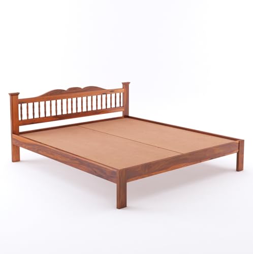 Image of Wooden Arch King Size Bed Without Storage | Wooden Double Bed Cot Bed for Bedroom Furniture | Palang Double Bed for Hotels | Solid Sheesham Wood, Honey Finish