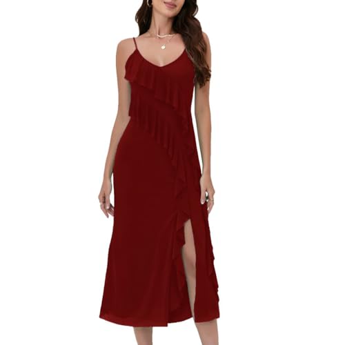 Image of Women's Spaghetti Strap Ruffle Side Split Long Dress Bodycon Beach Maxi Dresses