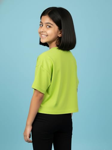Image of KiddoPanti Girls 100% Cotton Solid Drop Shoulder Half Sleeve Round Neck Crop Tee