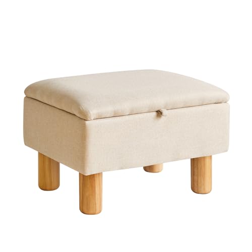 Footstool with Storage, Small Ottoman Footstool, Sofa Footrest Extra Seating with Wooden Legs for Living Room Bedroom Entryway, Beige, YD-JD1361