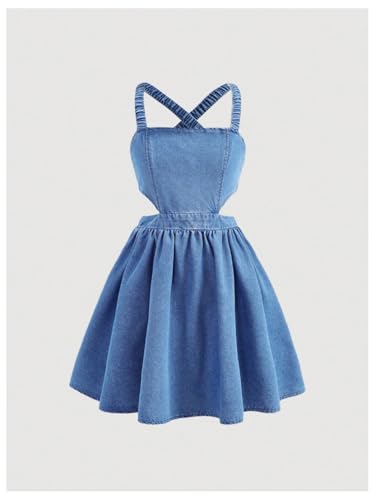 SHENHE Girl's Bow Denim Dress Criss Cross Backless A Line Flowy Summer Short Jean Dress2