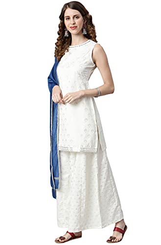 Image of Janasya Women's Off- White and Silver Poly Silk Kurti With Palazzo and Dupatta