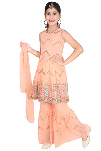 Image of Girl's Ethnic Wear Sleeveless Embellished Straight Georgette Net Full Length Kurti Sharara Set with duppta for Girls(SHRA011-$)