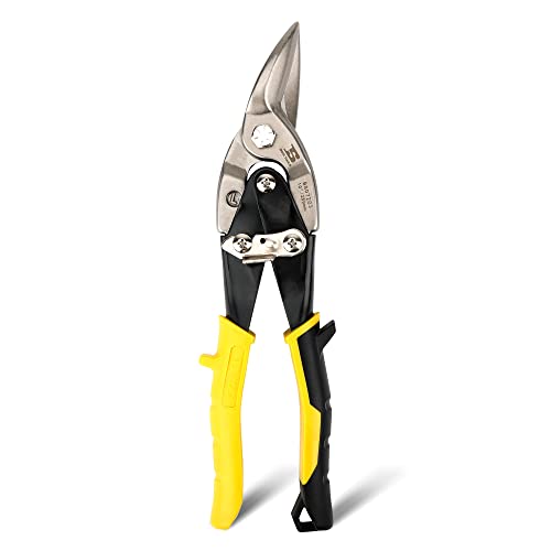 B BOSI TOOLS 10 Inch Aviation Tin Snips Left Cut, Heavy Duty Sheet Metal Cutter Snips Shears Cutting Metal Sheet Chrome Vanadium Steel Sharp Blades Safety Latch