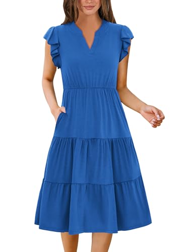 Image of ZEAGOO Womens Summer Casual Dresses Ruffle Sleeve V Neck Midi Dress Flowy Tiered Dress with Pockets Boho Sundresses