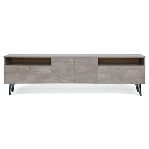 Modern Grey Marble Effect TV Stand with Storage Media Console and Solid Wooden Legs Living Room Shelving Unit for TVs up to 75 Cet Doors Display Furniture.