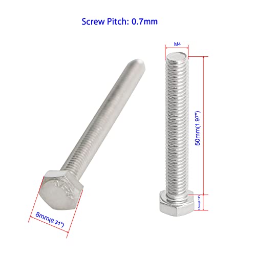 Image of 10 Pcs, SUS304 M5 x 50mm Hex Head Bolts Screws, Strength Grade A2-70 (Grade 5.8), Fully Threaded Plain Finish