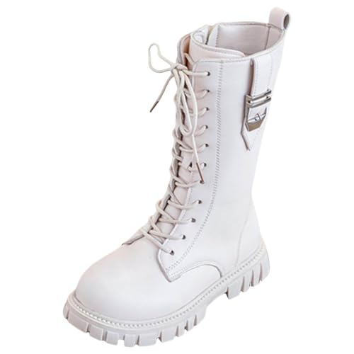 Girls Lace Up Riding Boots Mid Calf Combat Boots Fashion Waterproof PU Leather Side Zipper Punk Goth Boot Toddler/Little/Big Kids 4-12 Years (White, 10 Little Child)