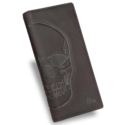 DK86 Skull Long Wallet For Men Full Grain Leather Rfid Blocking Rodeo Wallet Bifold Wallet Skull Wallet, Coffee A