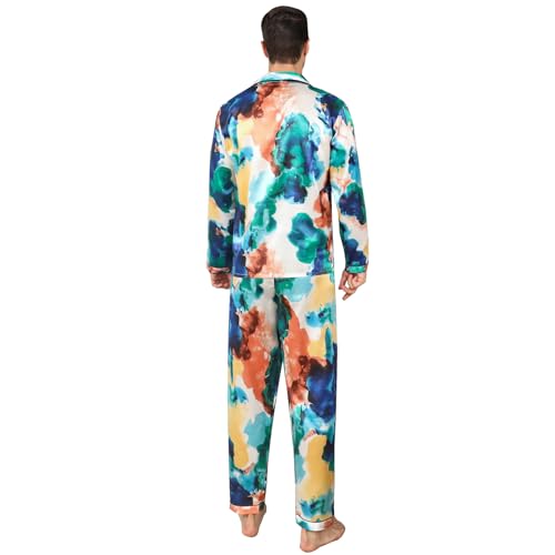 AISOMNUS-Mens Silky Satin Pj Sets black pattern Man Pajamas Set2