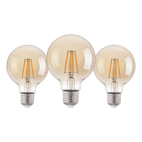 Eglo Lot de 3 ampoules LED E27, ampoule filament vintage ambrée, 4 watts chacune, grosse ampoule globe, lumière blanche chaude, 2200 K, 400 lumens, lampe...