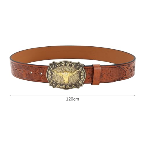 Western Leather Buckle Belts Cowboy Longhorn Bull Buckle Belt Floral Embossed Cowboy Belts for Men