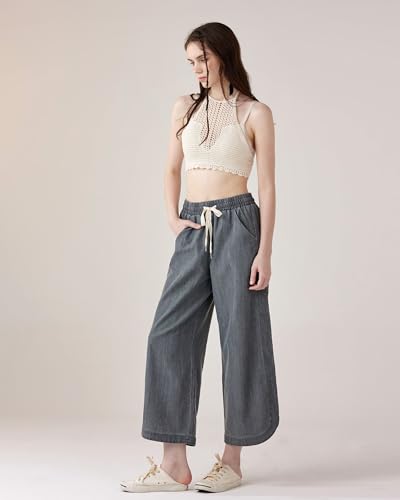 noflik Women's Cotton Drawstring Cropped Wide Leg Pants with Elastic Waist2