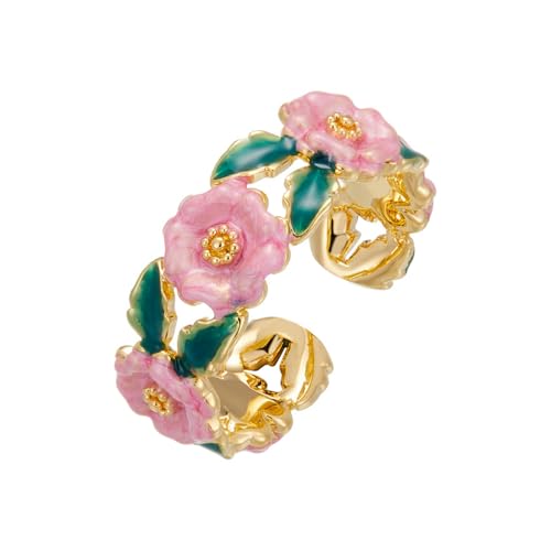 IMINI Bague Camélia Fleur Ouverte – Décor Feuille Verte Et Émail Rose, Anneau Ajustable Et Empilable – Cadeau Romantique Pour Femme, Idéal Pour...